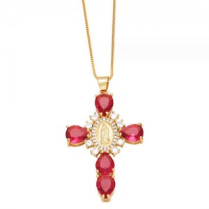 Cubic ZIrconia Inlaid Goddess Cross Gold Plated Wholesale Fashion Necklace - Rose