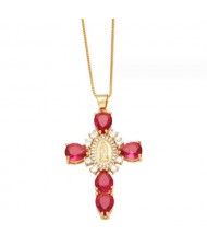 Cubic ZIrconia Inlaid Goddess Cross Gold Plated Wholesale Fashion Necklace - Rose