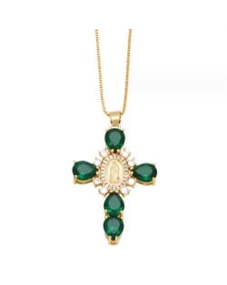 Cubic ZIrconia Inlaid Goddess Cross Gold Plated Wholesale Fashion Necklace - Green