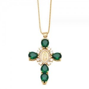 Cubic ZIrconia Inlaid Goddess Cross Gold Plated Wholesale Fashion Necklace - Green