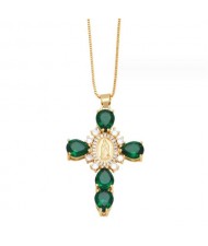 Cubic ZIrconia Inlaid Goddess Cross Gold Plated Wholesale Fashion Necklace - Green