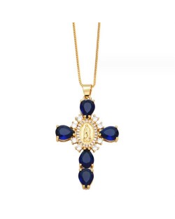 Cubic ZIrconia Inlaid Goddess Cross Gold Plated Wholesale Fashion Necklace - Blue