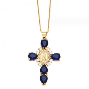 Cubic ZIrconia Inlaid Goddess Cross Gold Plated Wholesale Fashion Necklace - Blue