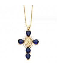 Cubic ZIrconia Inlaid Goddess Cross Gold Plated Wholesale Fashion Necklace - Blue