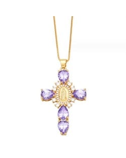 Cubic ZIrconia Inlaid Goddess Cross Gold Plated Wholesale Fashion Necklace - Purple