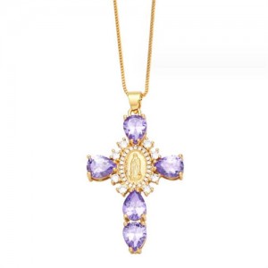 Cubic ZIrconia Inlaid Goddess Cross Gold Plated Wholesale Fashion Necklace - Purple