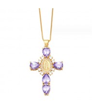 Cubic ZIrconia Inlaid Goddess Cross Gold Plated Wholesale Fashion Necklace - Purple