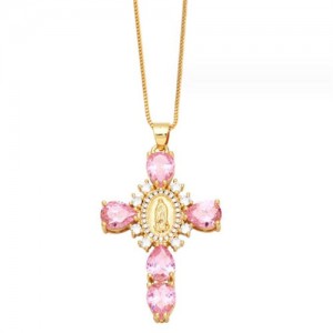 Cubic ZIrconia Inlaid Goddess Cross Gold Plated Wholesale Fashion Necklace - Pink
