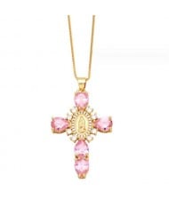 Cubic ZIrconia Inlaid Goddess Cross Gold Plated Wholesale Fashion Necklace - Pink