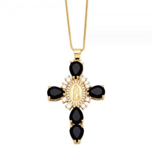 Cubic ZIrconia Inlaid Goddess Cross Gold Plated Wholesale Fashion Necklace - Black