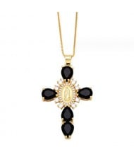 Cubic ZIrconia Inlaid Goddess Cross Gold Plated Wholesale Fashion Necklace - Black