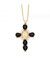 Cubic ZIrconia Inlaid Goddess Cross Gold Plated Wholesale Fashion Necklace - Black