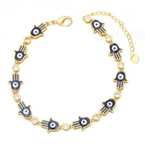 Oil-spot Glaze Bohemian Fashion 18K Gold Plated Evil Eye Hands Creative Wholesale Bracelet - Black