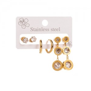 3 Pairs Set Exquisite Bling Rhinestone Round Pendant Wholesale Titanium Steel Earrings
