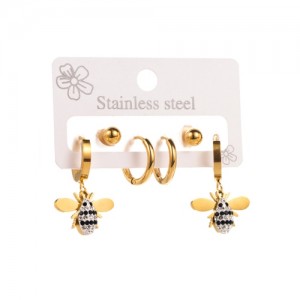 3 Pairs Set Fashion Exquisite Bee and Circle Combo Wholesale Titanium Steel Earrings Set