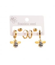 3 Pairs Set Fashion Exquisite Bee and Circle Combo Wholesale Titanium Steel Earrings Set