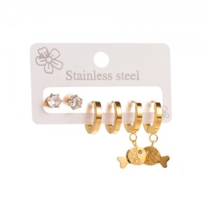 3 Pairs Set Fashion Exquisite Cute Fish and Circle Rhinestone Ear Studs Combo Wholesale Titanium Steel Earrings Set