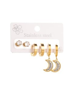 3 Pairs Set Exquisite Shining Moon and Circle Combo Wholesale Fashion Titanium Steel Earrings Set