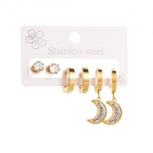 3 Pairs Set Exquisite Shining Moon and Circle Combo Wholesale Fashion Titanium Steel Earrings Set