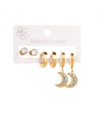 3 Pairs Set Exquisite Shining Moon and Circle Combo Wholesale Fashion Titanium Steel Earrings Set