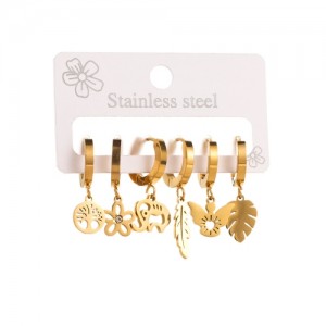 3 Pairs Set Leaf Flower Butterfly and Elephant Combo Wholesale Titanium Steel Asymmetrical Earrings Set