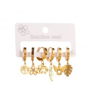3 Pairs Set Leaf Flower Butterfly and Elephant Combo Wholesale Titanium Steel Asymmetrical Earrings Set