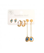 3 Pairs Set Circle and Round Eyes Combo Wholesale Fashion Titanium Steel Earrings Set