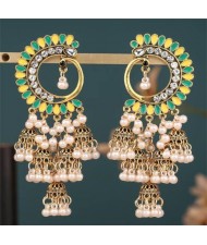 Rhinestone and Faux Pearl High Fashion Wholesale Drop Earrings - Green