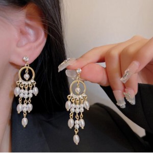Korean Fashion Rhinestone and Faux Pearl Tassel Wholesale Women Dangle Earrings