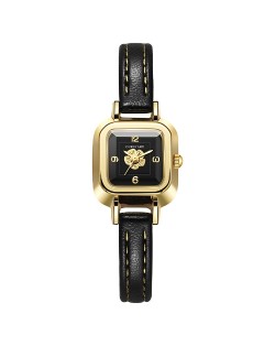 Korean Style Fahion Wholesale Square Design Flower Quartz PU Leather Strap Women Watch - Black