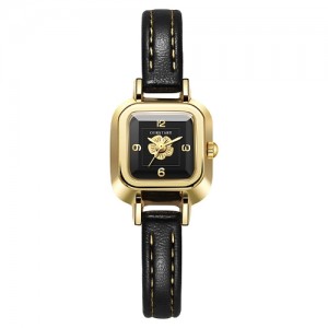 Korean Style Fahion Wholesale Square Design Flower Quartz PU Leather Strap Women Watch - Black
