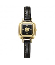 Korean Style Fahion Wholesale Square Design Flower Quartz PU Leather Strap Women Watch - Black