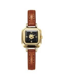 Korean Style Fahion Wholesale Square Design Flower Quartz PU Leather Strap Women Watch - Brown