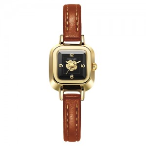 Korean Style Fahion Wholesale Square Design Flower Quartz PU Leather Strap Women Watch - Brown