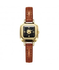 Korean Style Fahion Wholesale Square Design Flower Quartz PU Leather Strap Women Watch - Brown