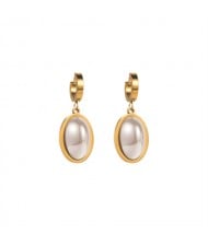 U.S. Fashion Oval Shape Pearl Dangle Wholesale Women Stainless Steel Earrings
