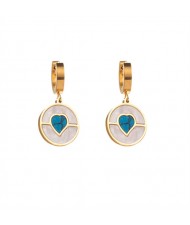 Unique Design Fashion Blue Heart Round Pendant Wholesale Women Stainless Steel Earrings