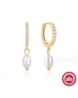 925 Sterling Silver Shining Cubic Zirconia Inlaid Pearl Fashion Wholesale Dangle Earrings - Golden