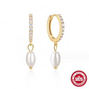 925 Sterling Silver Shining Cubic Zirconia Inlaid Pearl Fashion Wholesale Dangle Earrings - Golden
