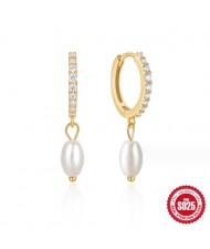 925 Sterling Silver Shining Cubic Zirconia Inlaid Pearl Fashion Wholesale Dangle Earrings - Golden
