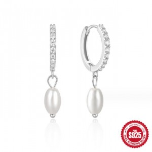 925 Sterling Silver Shining Cubic Zirconia Inlaid Pearl Fashion Wholesale Dangle Earrings - Platinum