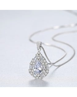 Fine Jewelry High Quality Drop Pendant Cubic Zirconia Women 925 Sterling Silver Necklace - White