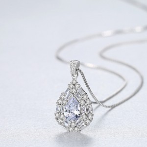 Fine Jewelry High Quality Drop Pendant Cubic Zirconia Women 925 Sterling Silver Necklace - White