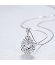 Fine Jewelry High Quality Drop Pendant Cubic Zirconia Women 925 Sterling Silver Necklace - White