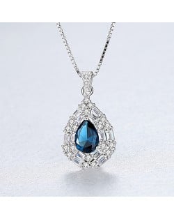 Fine Jewelry High Quality Drop Pendant Cubic Zirconia Women 925 Sterling Silver Necklace - Blue