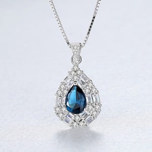 Fine Jewelry High Quality Drop Pendant Cubic Zirconia Women 925 Sterling Silver Necklace - Blue