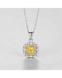 Fine Jewelry Classic Square Yellow Gem Pendant Cubic Zirconia Women 925 Sterling Silver Necklace
