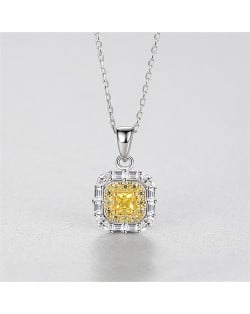 Fine Jewelry Classic Square Yellow Gem Pendant Cubic Zirconia Women 925 Sterling Silver Necklace