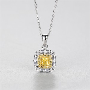 Fine Jewelry Classic Square Yellow Gem Pendant Cubic Zirconia Women 925 Sterling Silver Necklace