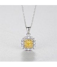 Fine Jewelry Classic Square Yellow Gem Pendant Cubic Zirconia Women 925 Sterling Silver Necklace